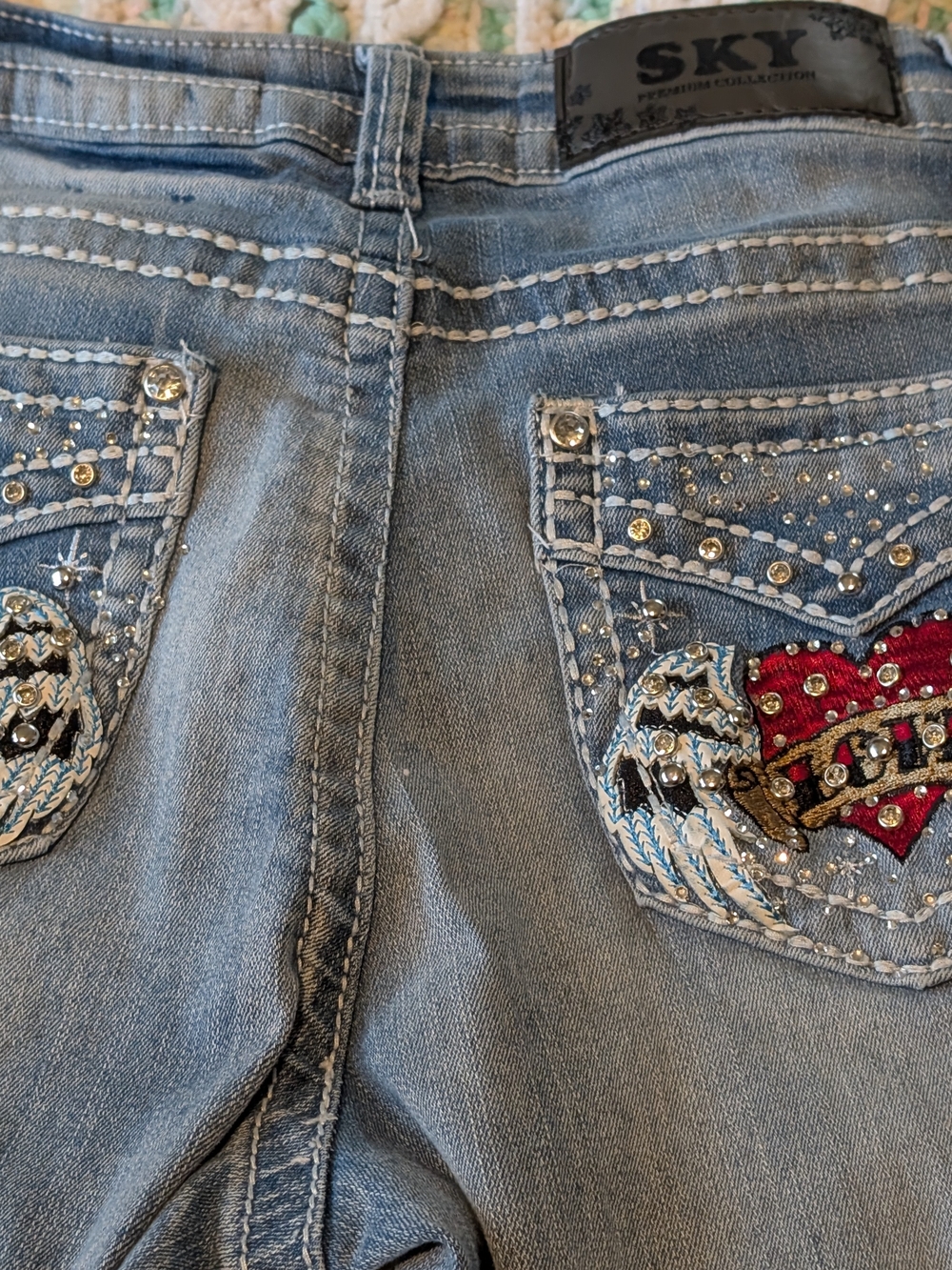 Y2K Sky Light Denim Boyfriend Jeans With Ed Hardy Alt Embellishments Embroidered